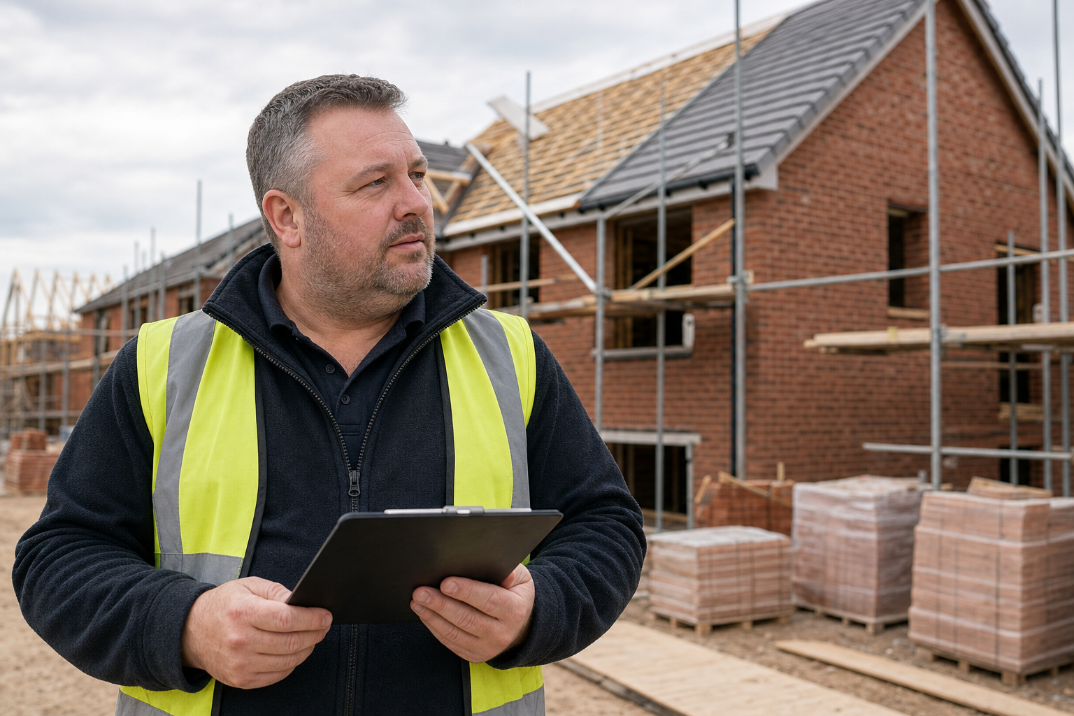 Construction worker in a high-visibility vest holding a clipboard at a building site with scaffolding in the background.