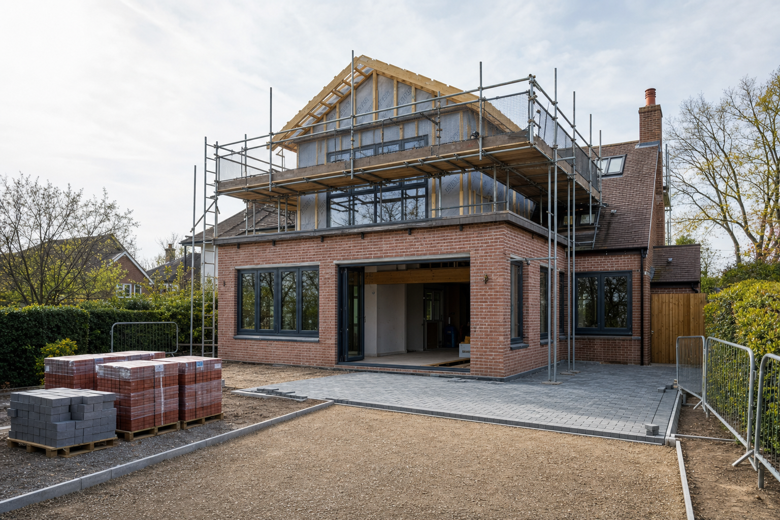 A brick house under construction with scaffolding and pallets of bricks in the driveway.