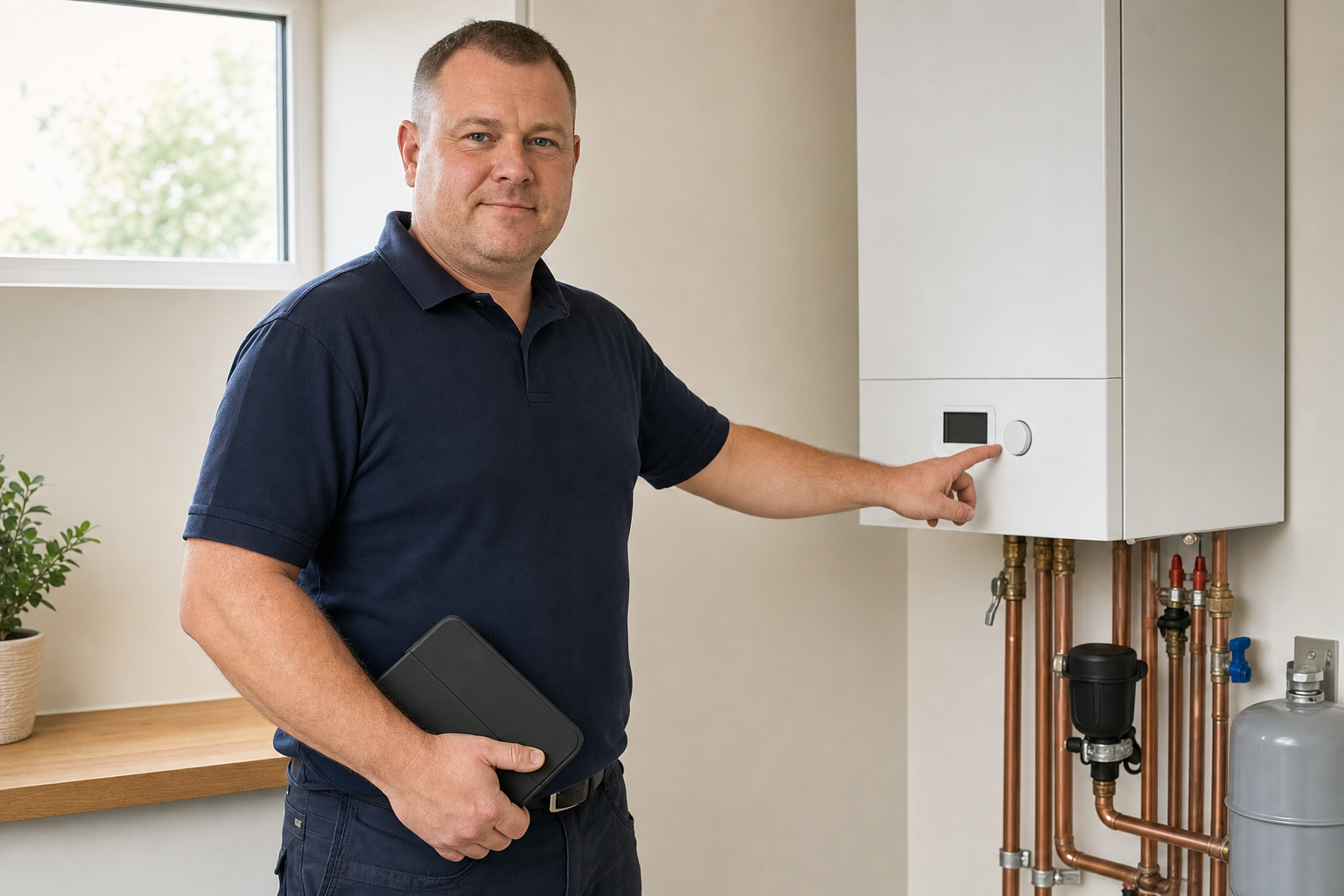 A man in a navy shirt is adjusting the controls on a wall-mounted boiler in a well-lit room.