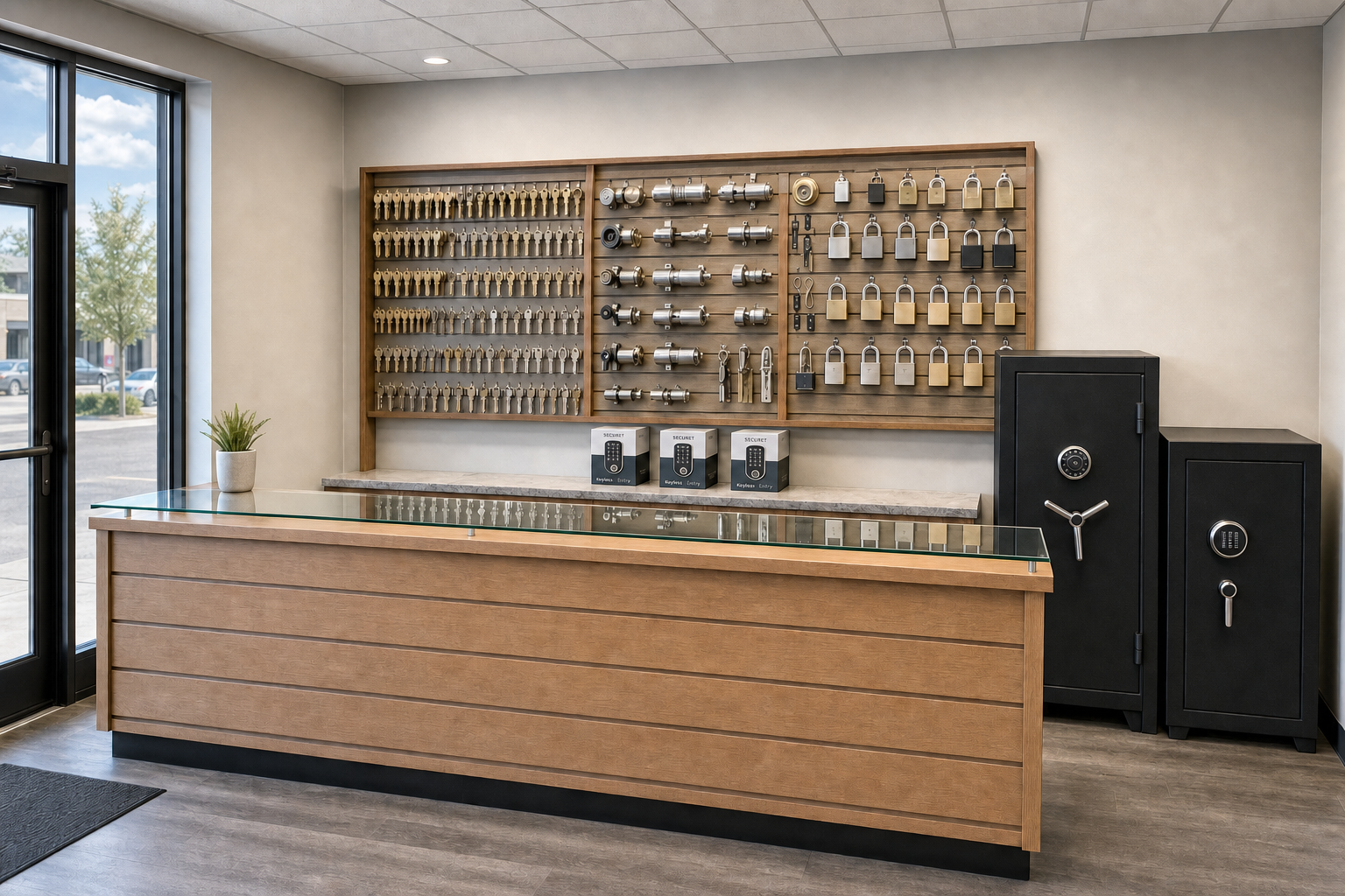 Locksmith shop interior featuring a display of keys, locks, and safes behind a wooden counter with a glass top.