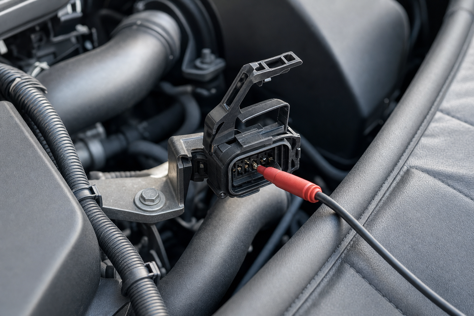 Close-up of a car's engine with a diagnostic cable connected to an open electrical connector.