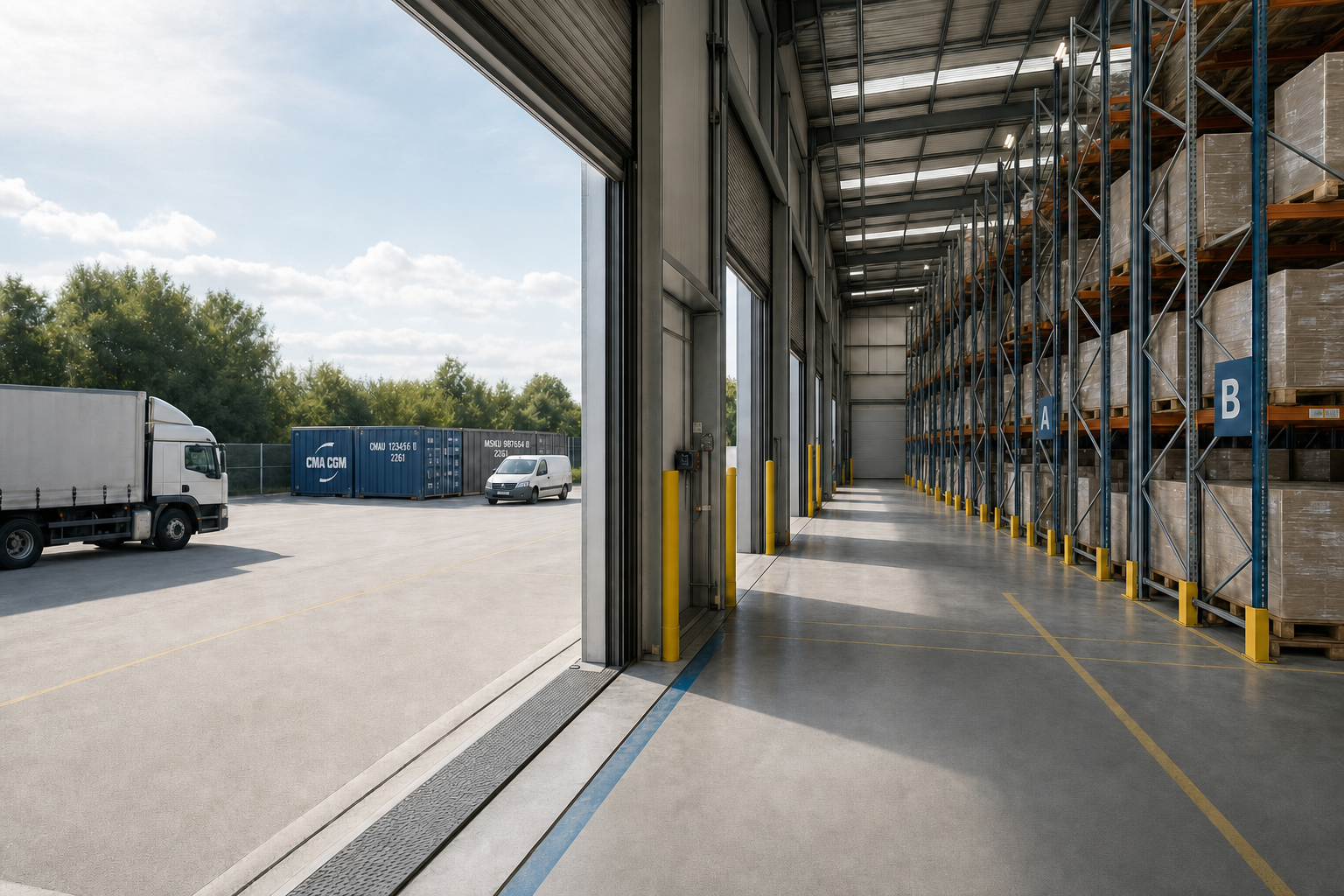 Spacious warehouse interior with pallets on shelves and open loading docks leading to lorry and shipping containers outside.