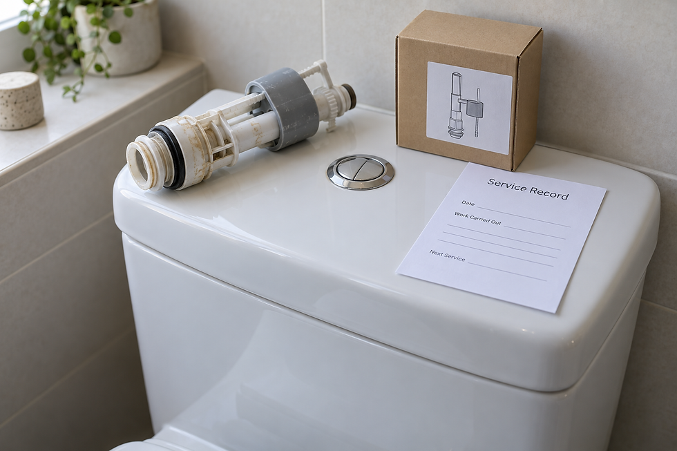 Toilet cistern lid with a replacement flush valve, service record, and packaging box on top.