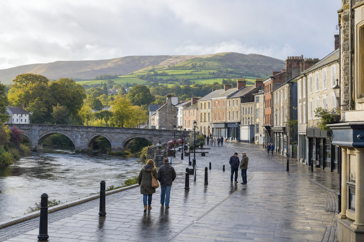 People strolling along a riverside promenade with a stone bridge and rolling green hills in the background.