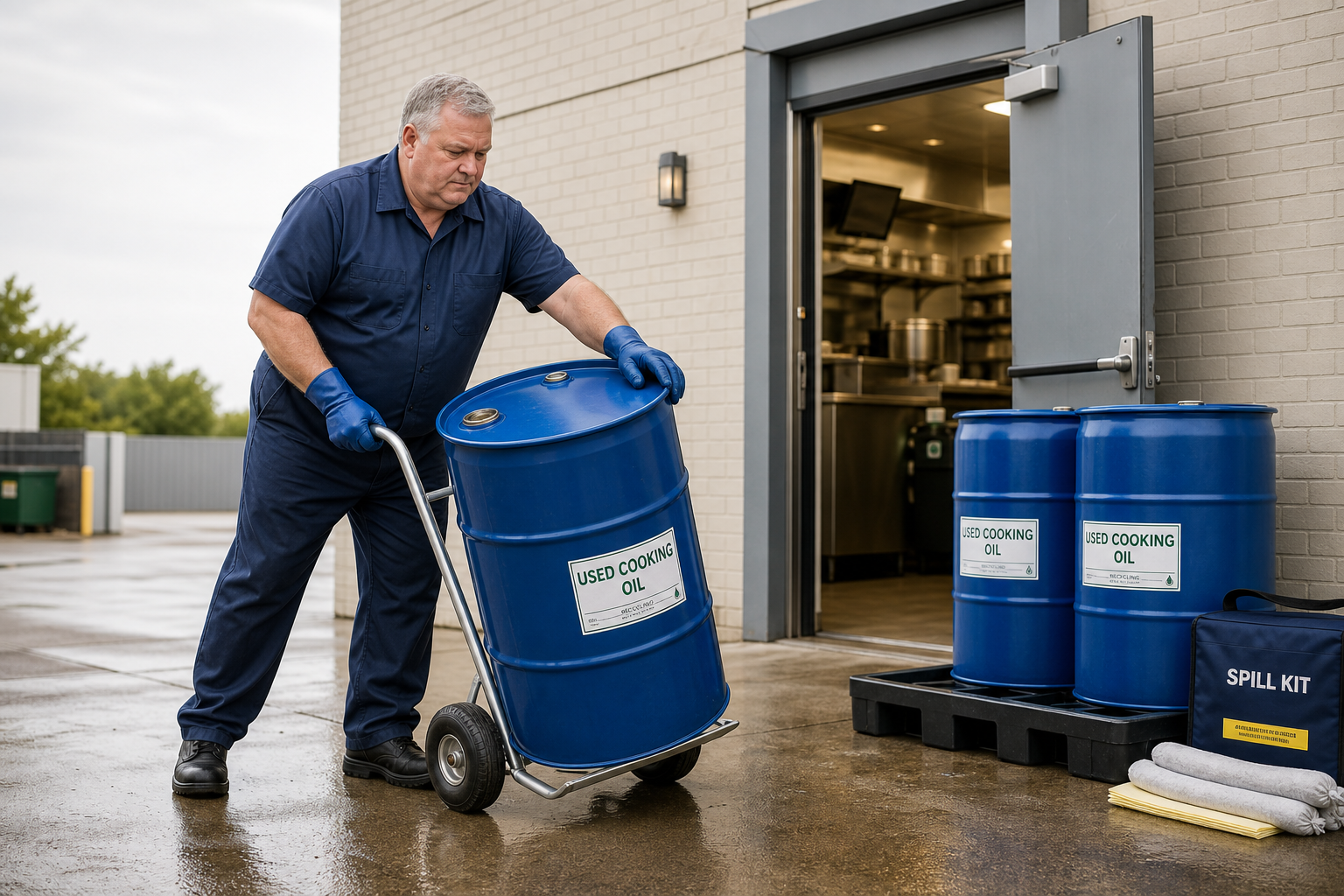 Man in blue uniform moving a drum labeled "used cooking oil" with a hand truck outside a kitchen.