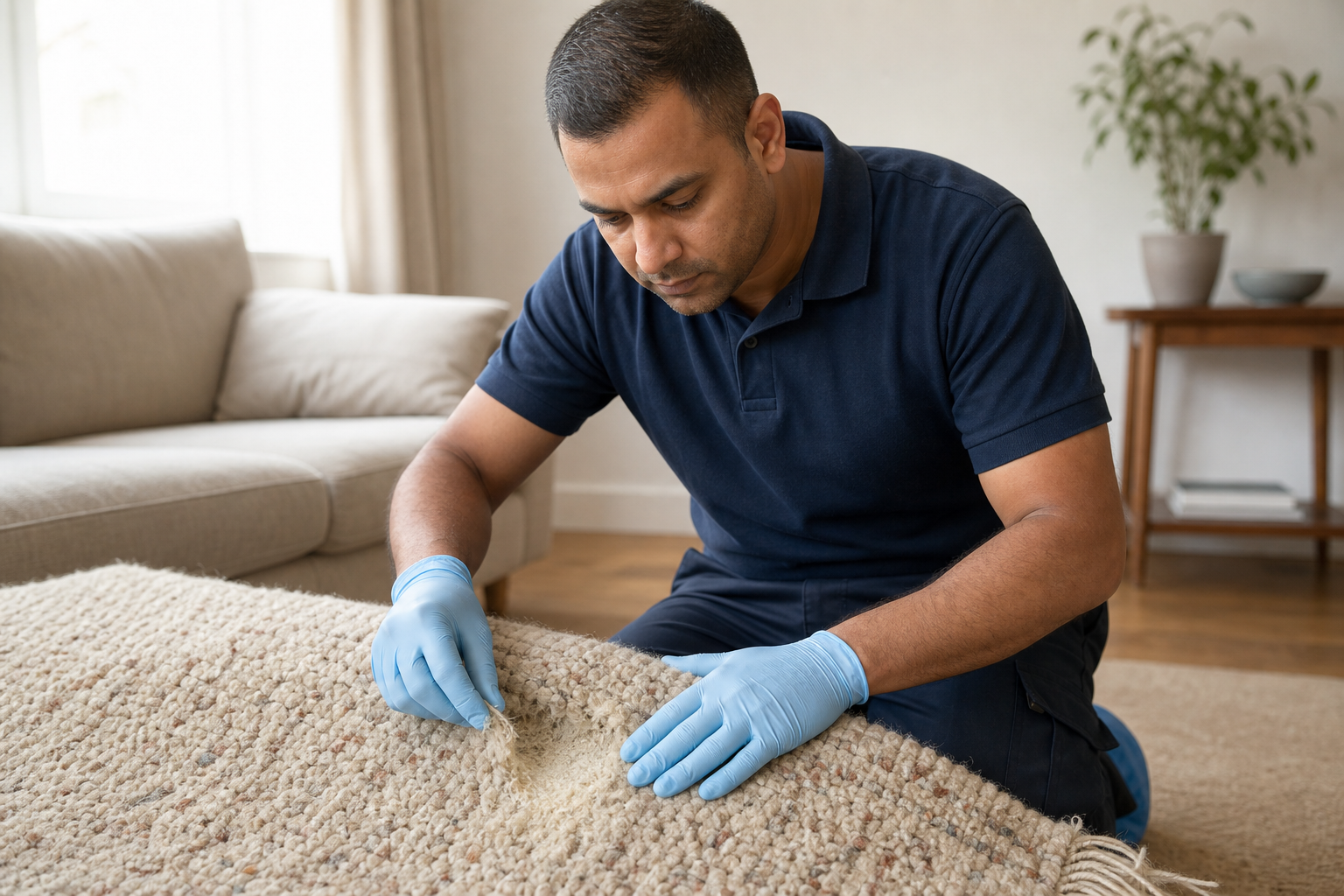 Man wearing blue gloves repairs a woven fabric on a beige carpet in a cosy living room setting.
