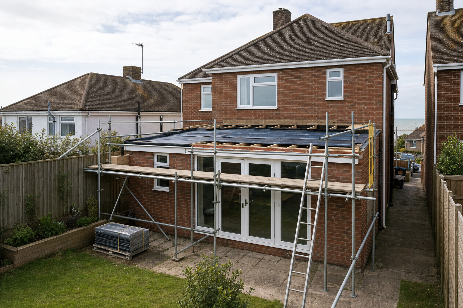 A red brick house with a partially constructed roof extension supported by scaffolding in the back garden.
