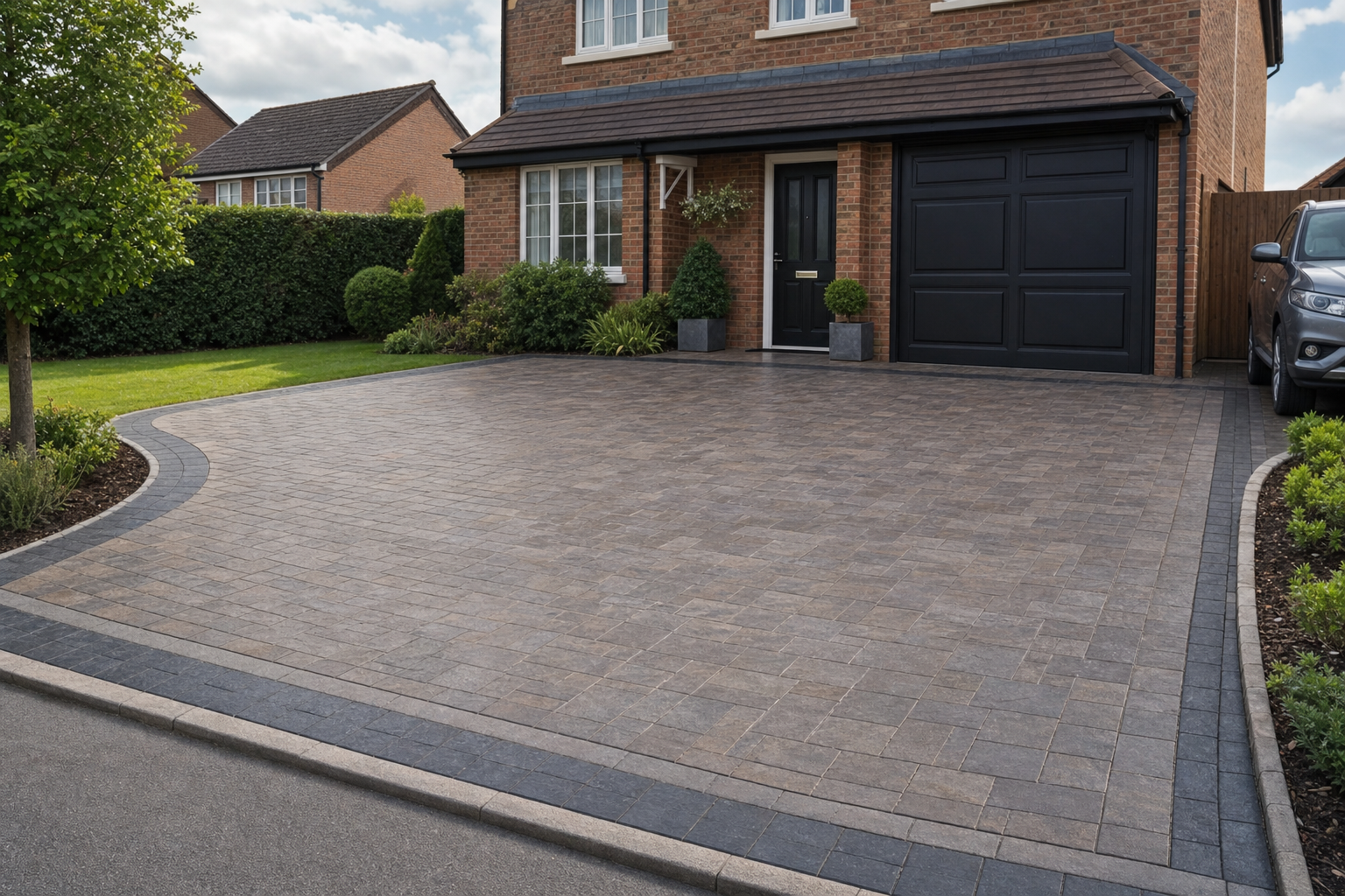 A house with a brick facade and a neatly paved driveway, bordered by well-maintained green hedges and a parked car.