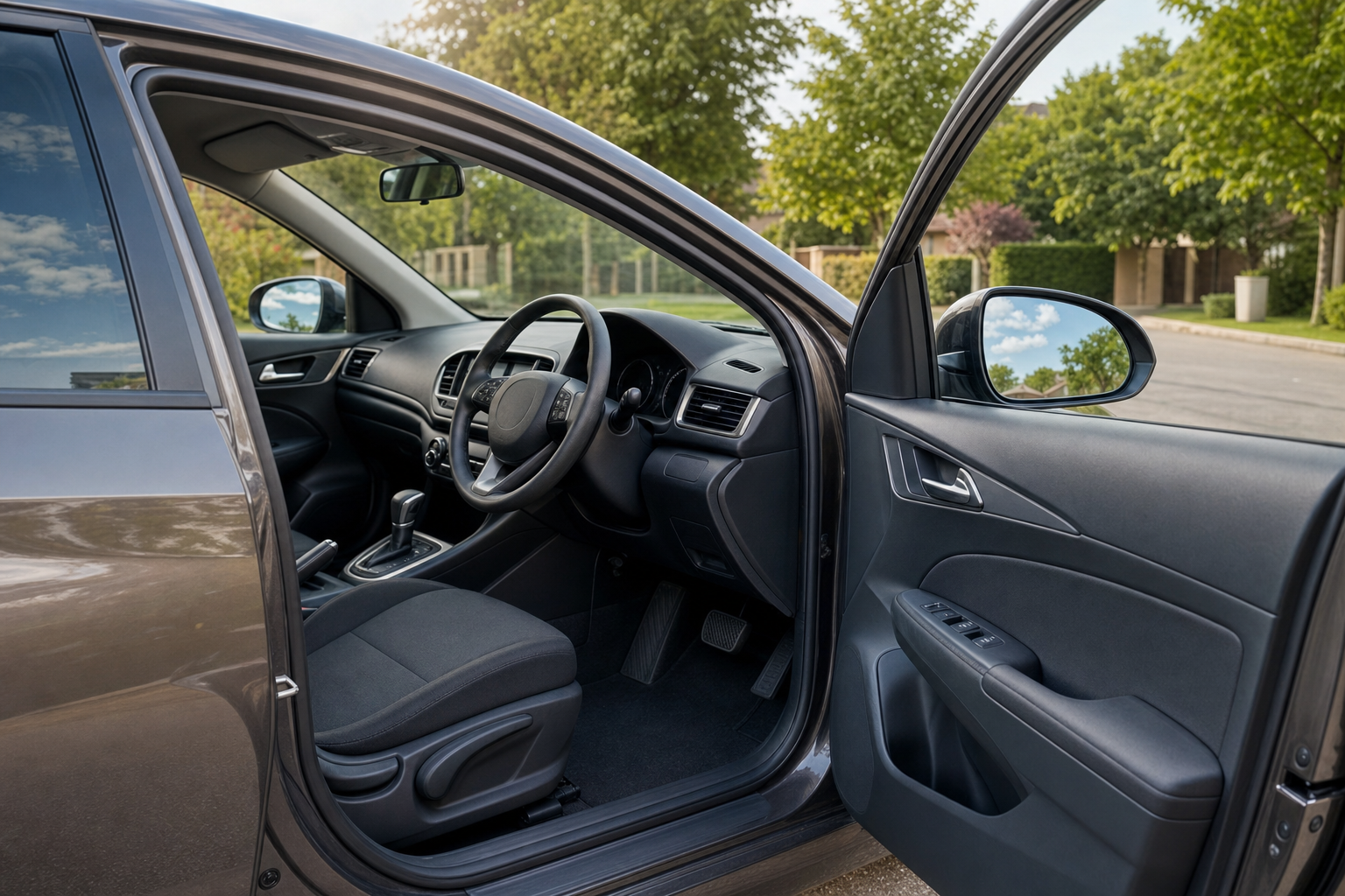 Car interior with driver's door open, showing steering wheel and seats, parked on a street with trees in the background.