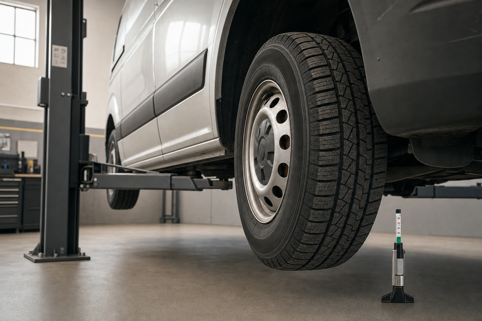 A white van is elevated on a hydraulic lift in a garage with a tyre tread gauge on the floor nearby.