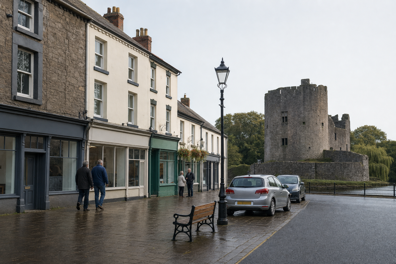 A quaint street scene with people walking past shopfronts and a historic stone tower in the background.