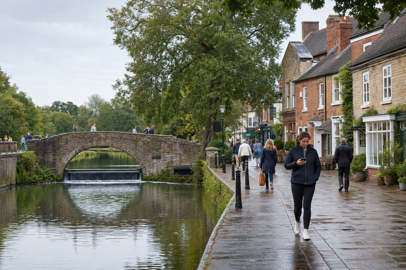 A person walks along a wet riverside path with people crossing a stone arch bridge in the background.