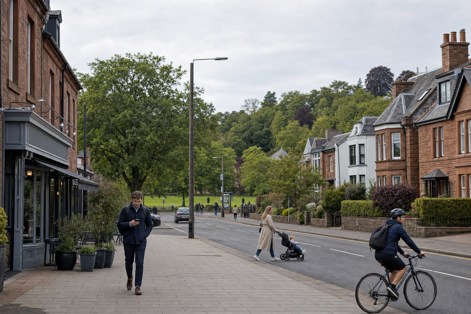 People walking and cycling on a tree-lined street with red brick houses and a park in the background.