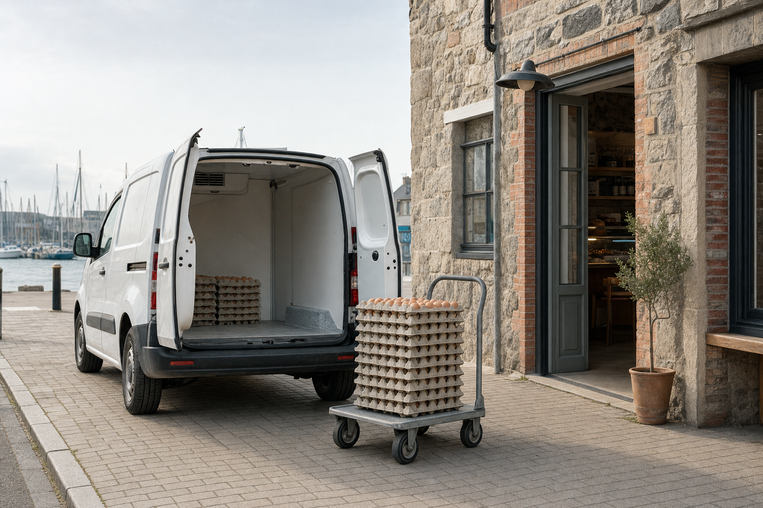 Egg cartons on a trolley next to an open van outside a stone building by a marina.