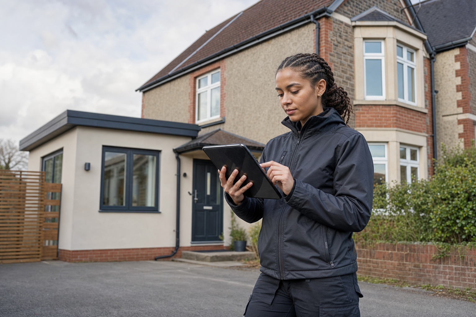 A person in a black jacket uses a tablet while standing in front of a modern house.