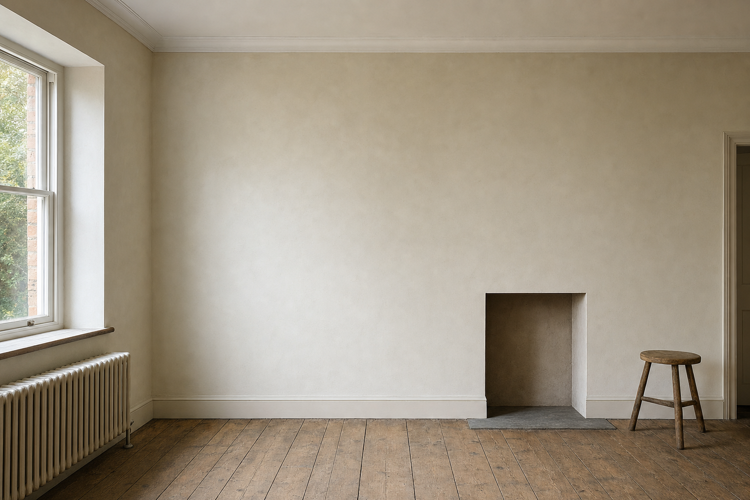 Minimalist room with wooden flooring, a stool, a fireplace alcove, and a large window letting in natural light.