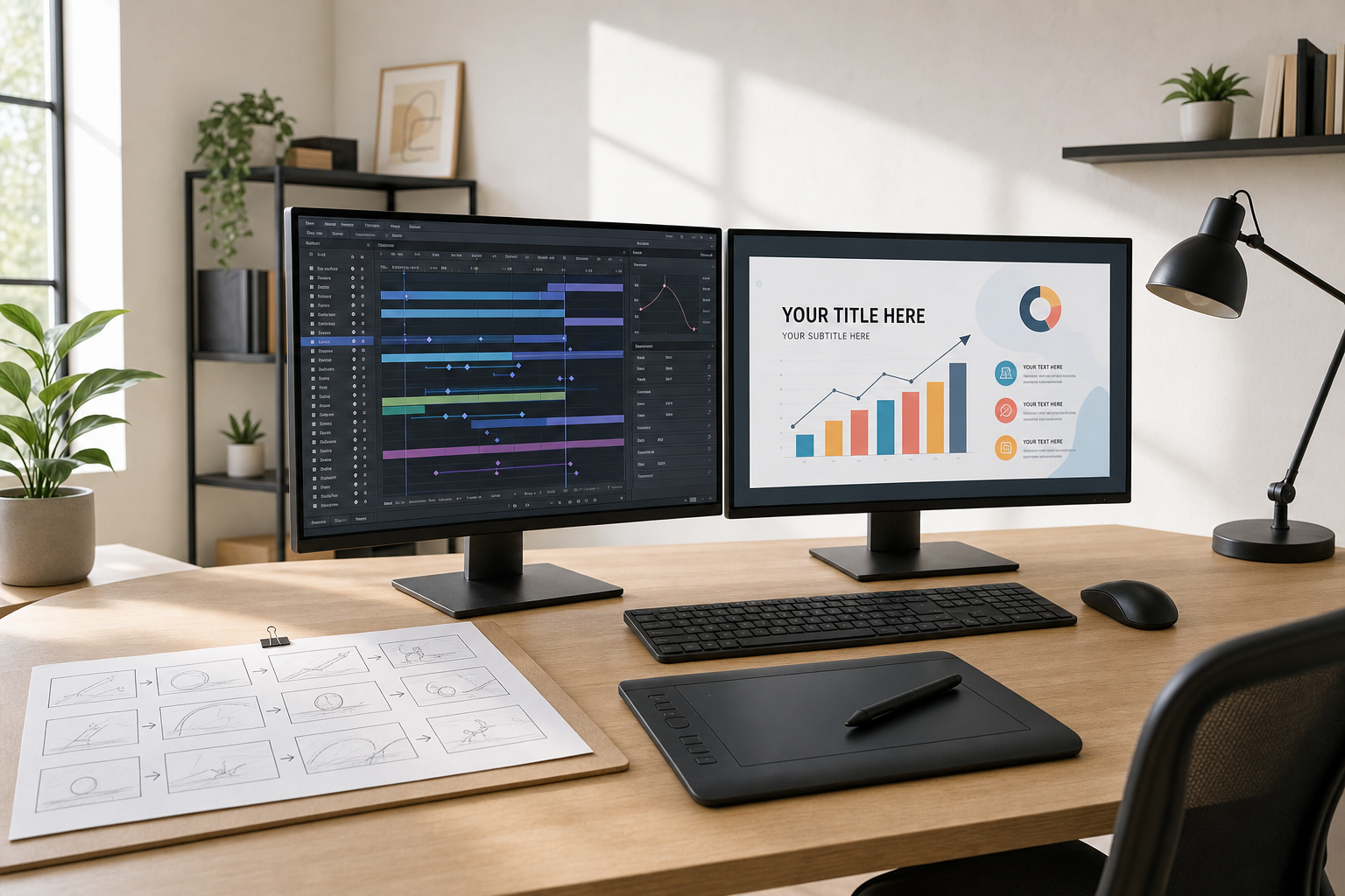 A modern desk setup with dual monitors, a graphics tablet, and storyboard sketches.