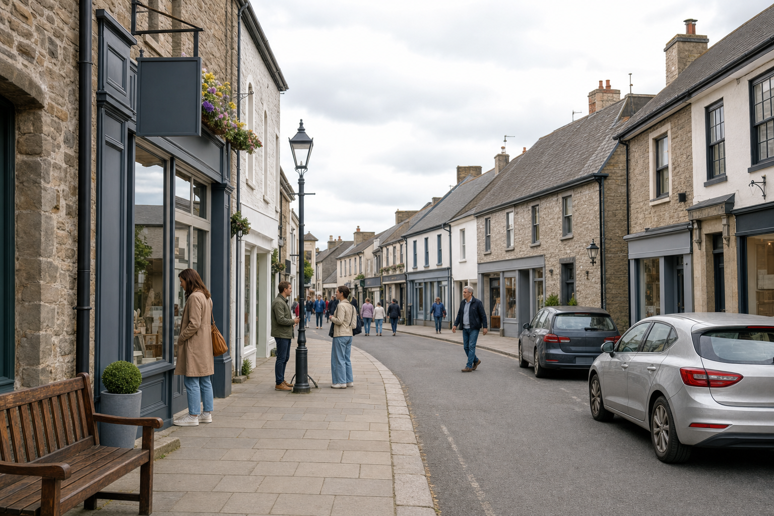 A quaint village street with pedestrians, shops, and parked cars on a cloudy day.