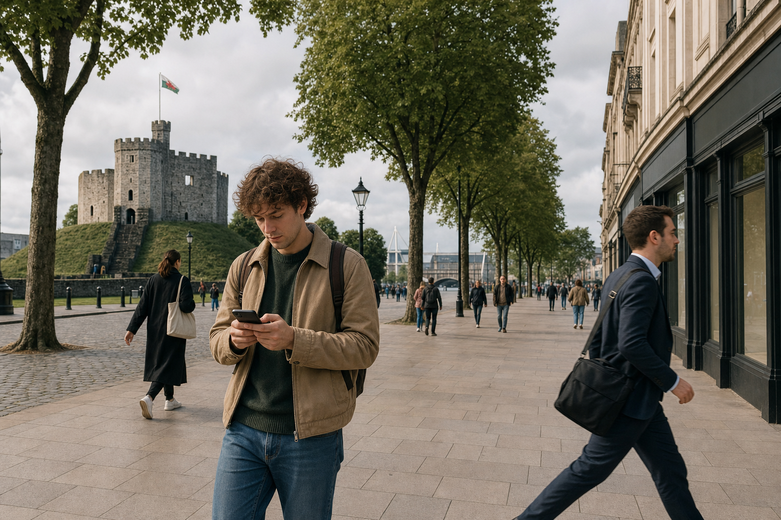 A man engrossed in his phone walks near a historical castle on a tree-lined street bustling with pedestrians.