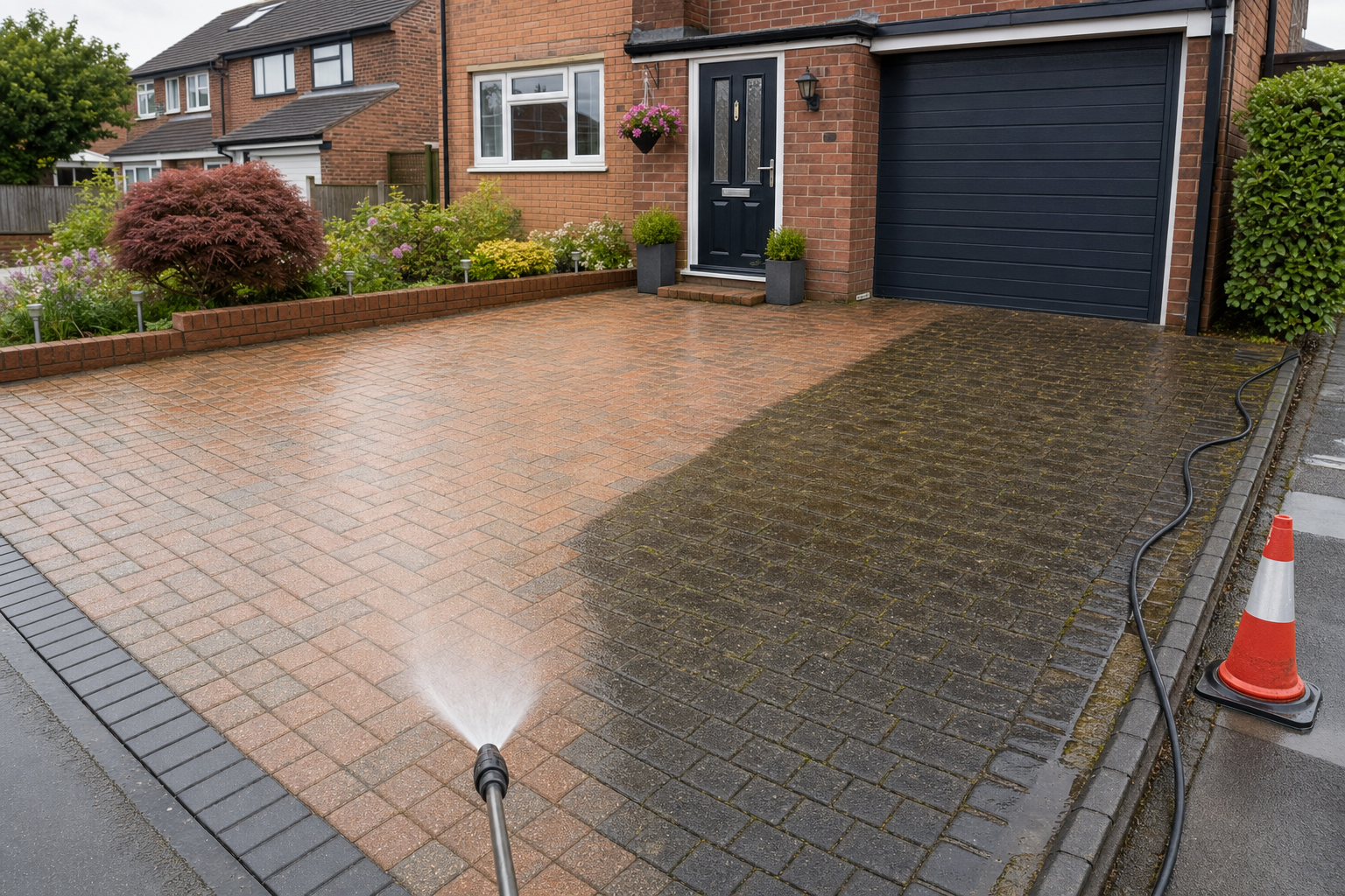 A pressure washer cleans half of a brick driveway in front of a house with a hose and traffic cone nearby.
