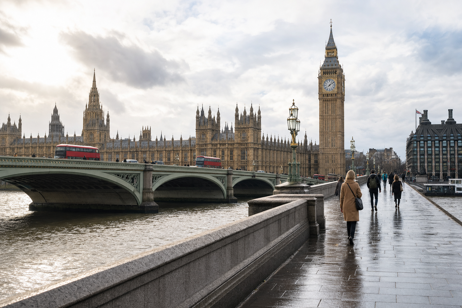 People walk along Westminster Bridge with Big Ben and the Houses of Parliament in the background.