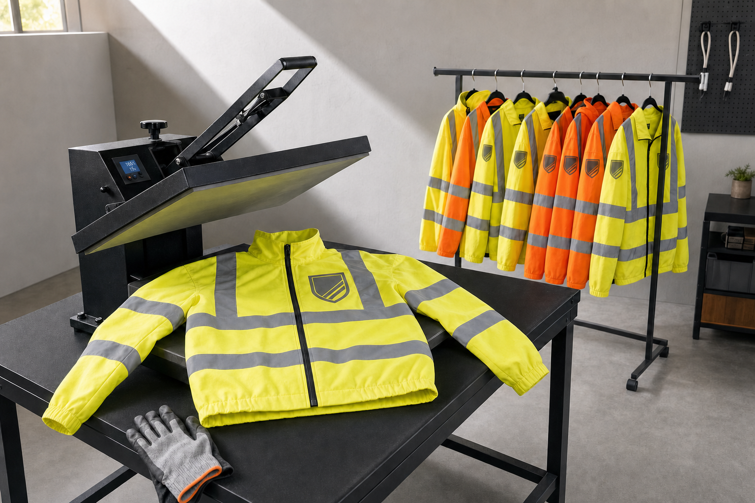 High-visibility jackets displayed on a table and a rack, with a heat press machine nearby in a workspace.