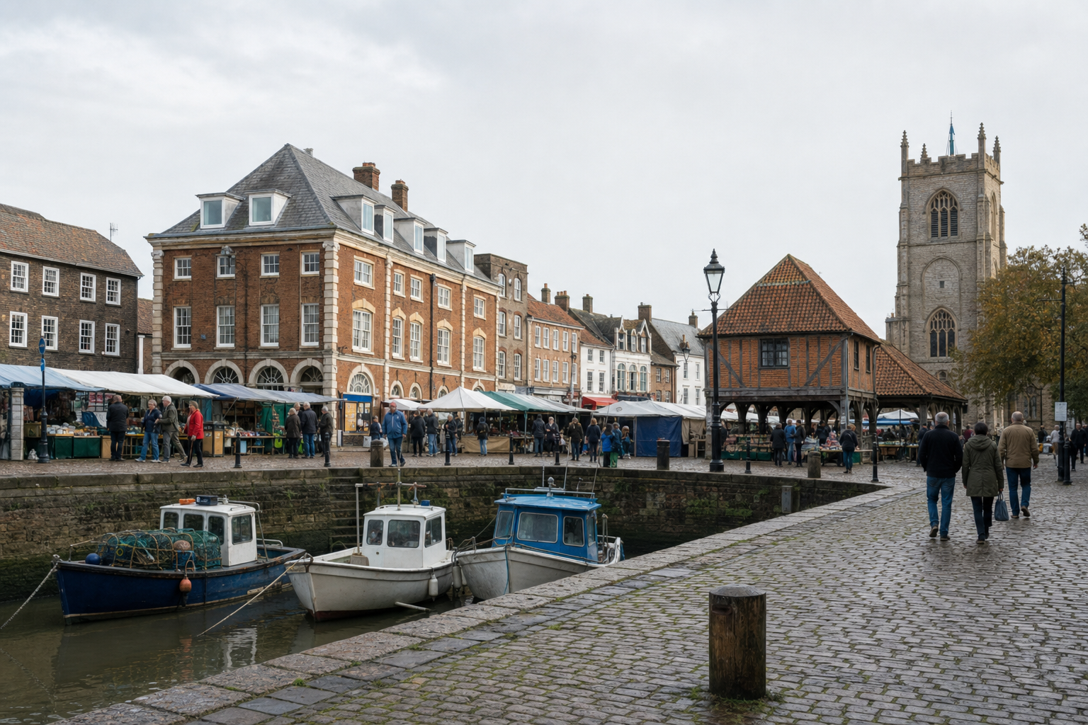 People stroll along a cobbled street by the water, with market stalls and historic buildings in the background.