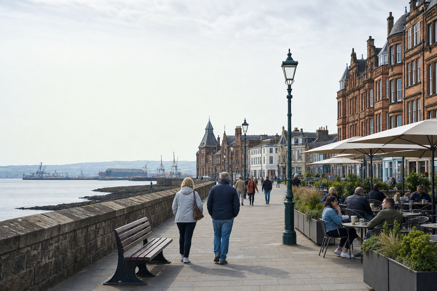 People stroll along a seaside promenade lined with historic buildings and outdoor cafes, with cranes visible in the background.