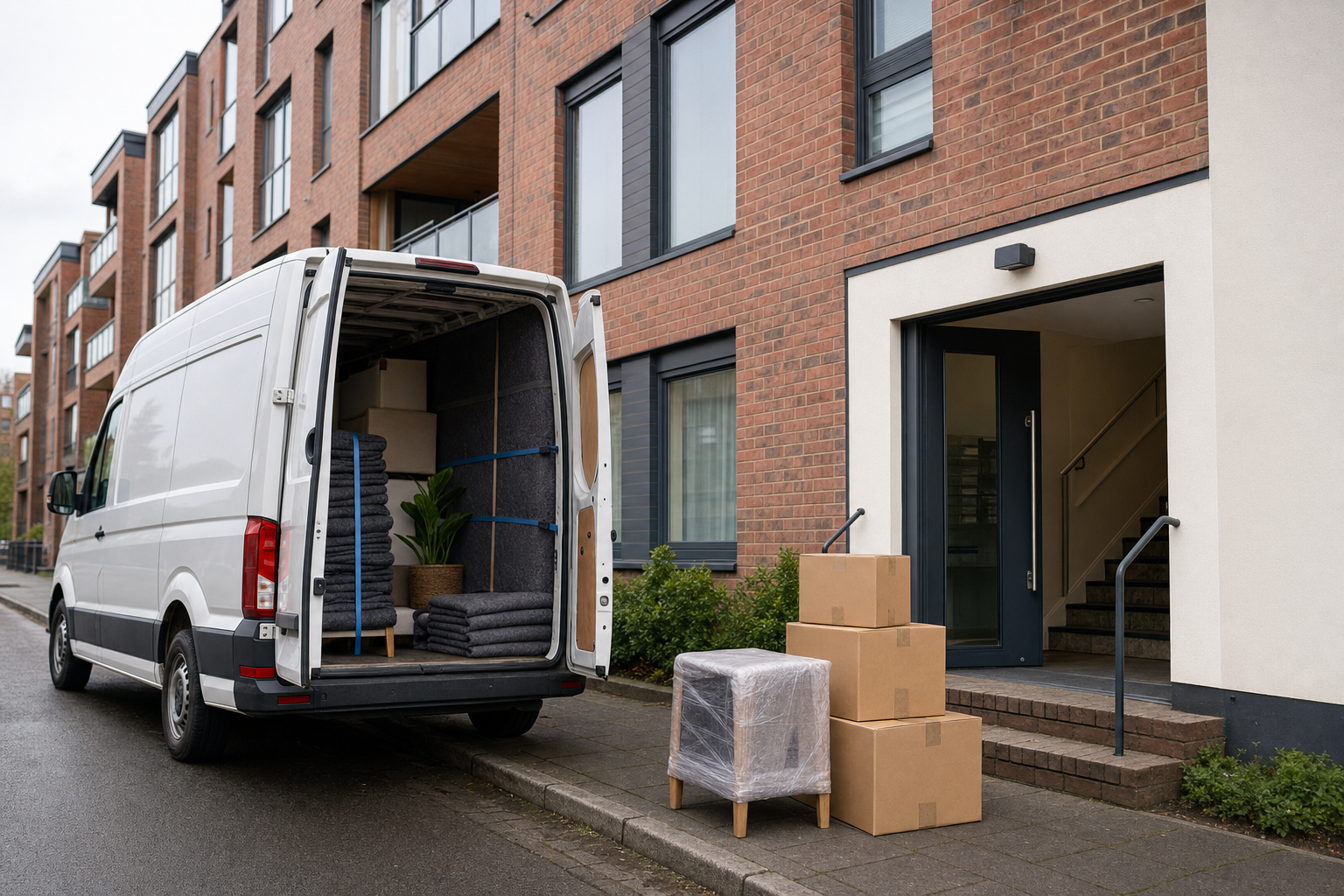 A white van parked outside a brick building with moving boxes and furniture on the pavement.