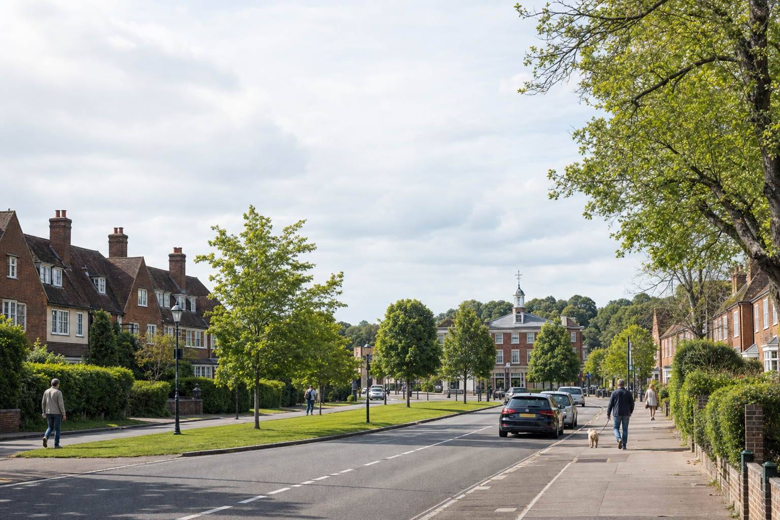 Quiet suburban street scene with people walking, lined with red-brick houses and trees under a cloudy sky.
