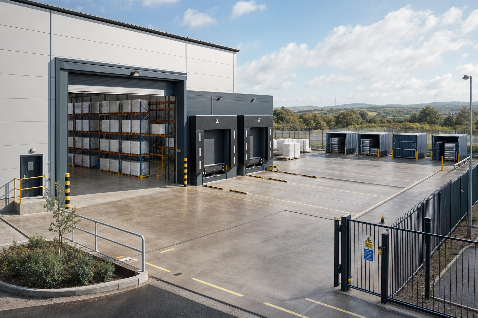 Warehouse exterior with open loading dock, stacked pallets, and fenced yard under a partly cloudy sky.