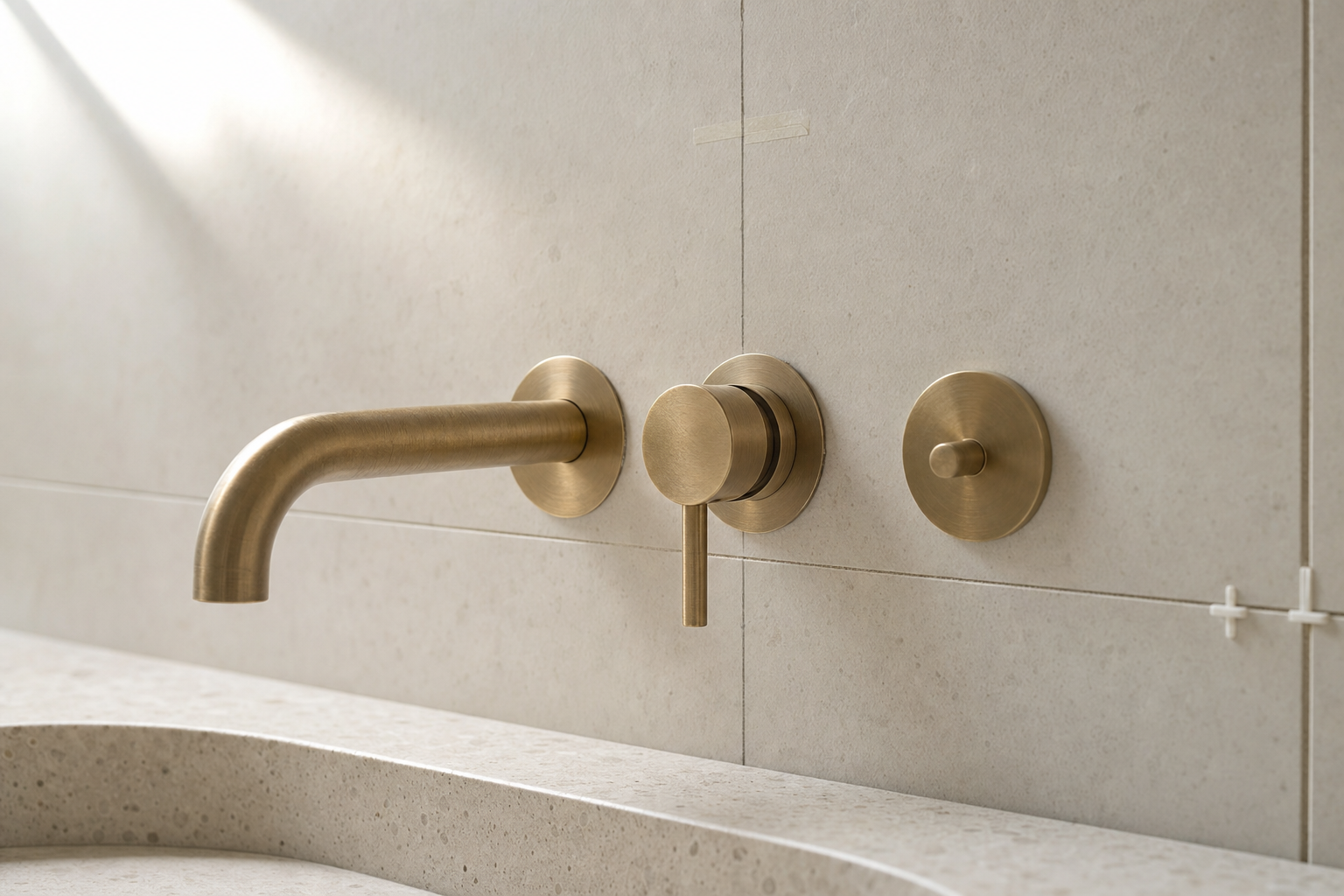 Brushed brass wall-mounted bathroom tap and controls against a light stone tile background.