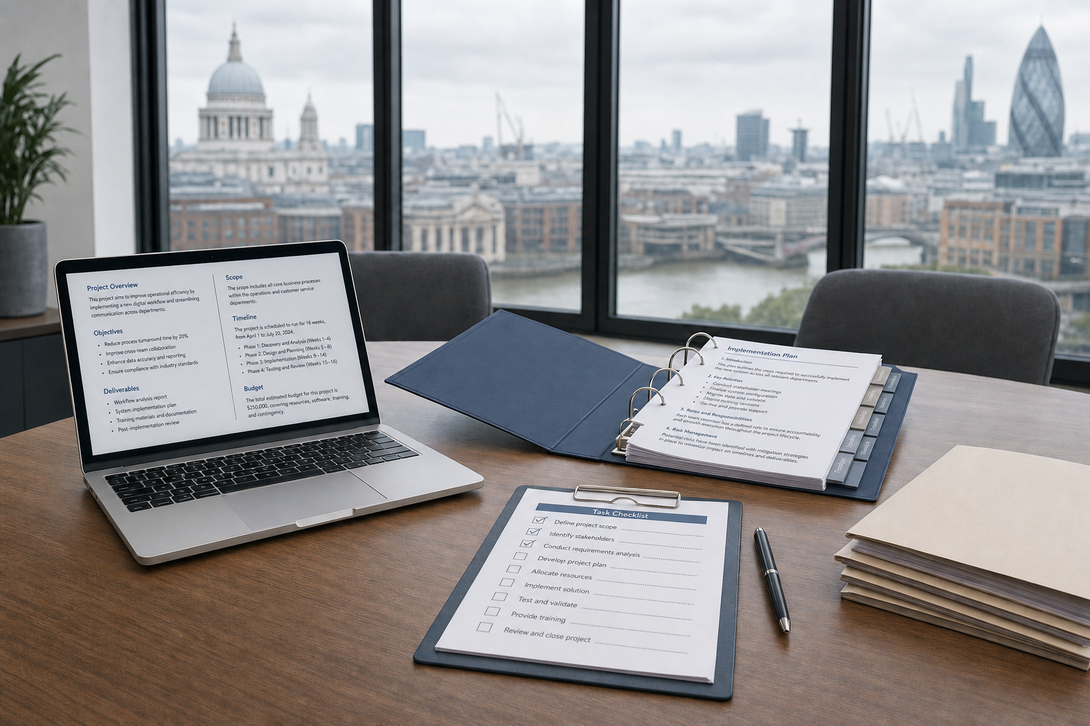 Open laptop and documents on a desk in an office with a view of London's skyline through large windows.