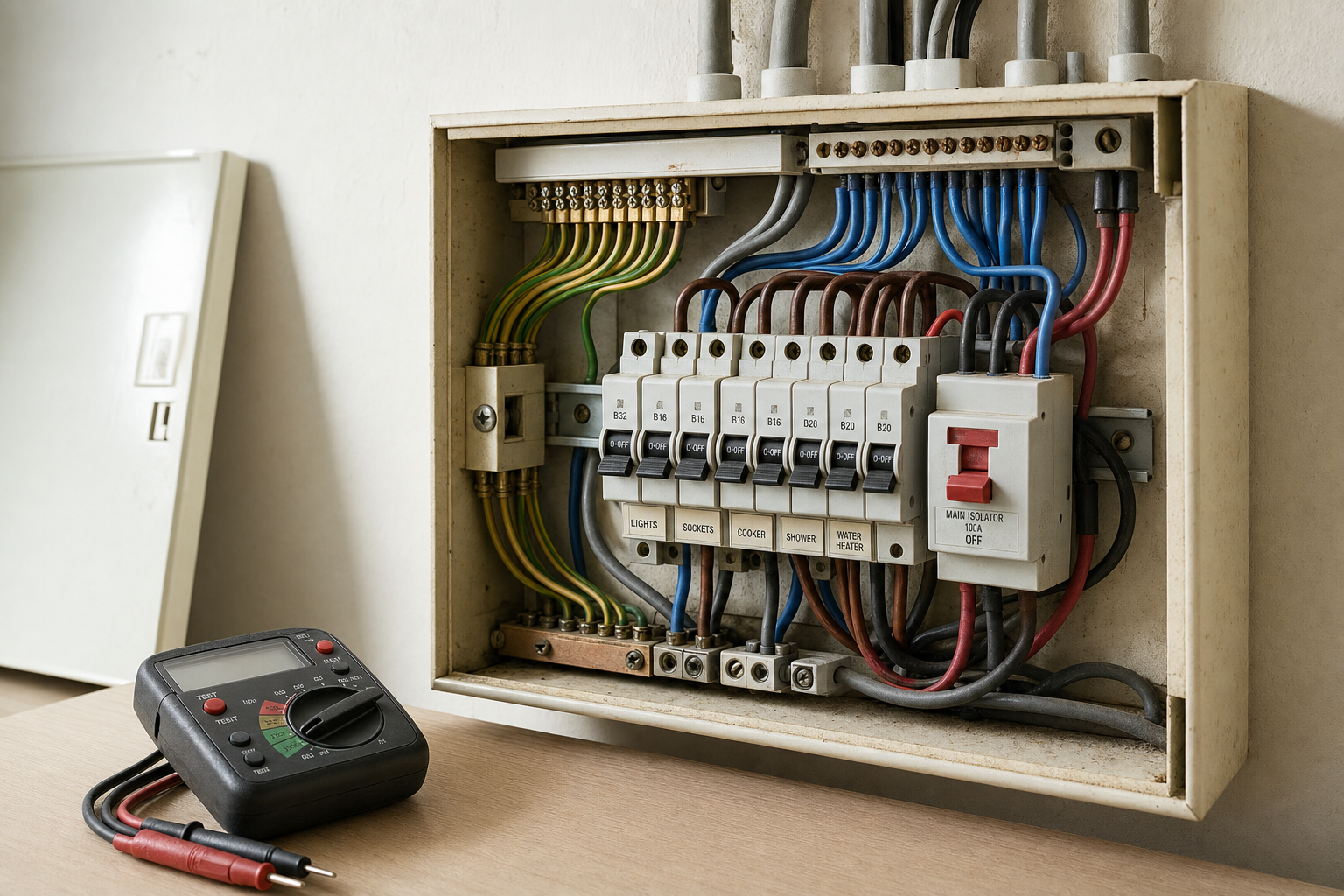 Open electrical fuse box with labelled switches and a digital multimeter on a wooden surface nearby.