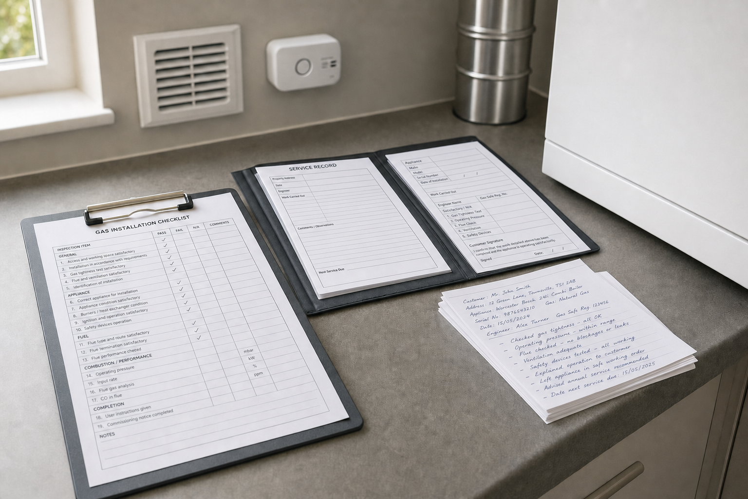Gas installation checklist and service records on a kitchen counter near a window.