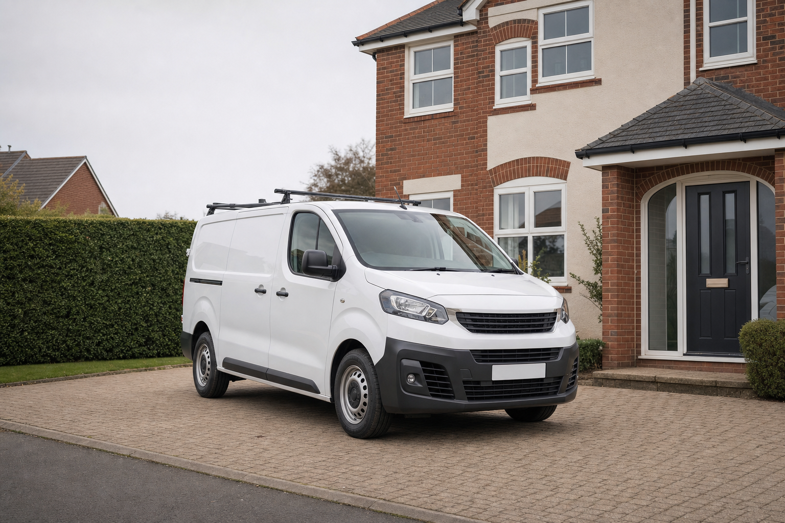 A white van is parked on a paved driveway in front of a two-storey brick house.