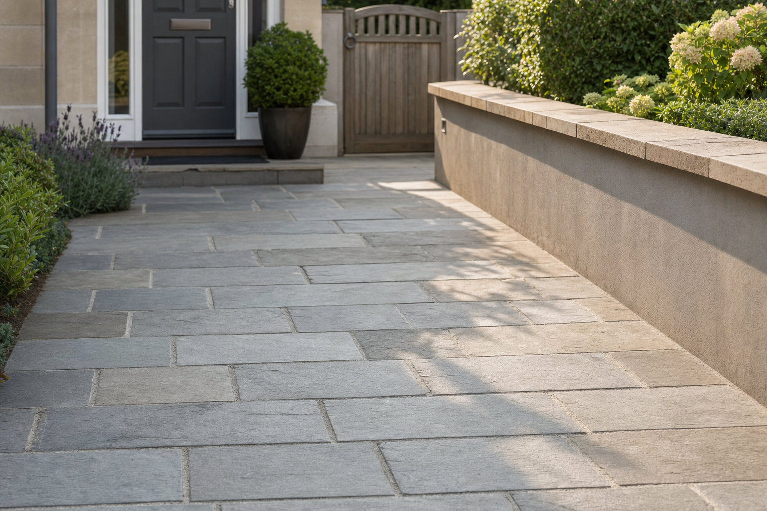 A neatly paved stone pathway leads to a front door with surrounding greenery and a wooden gate.