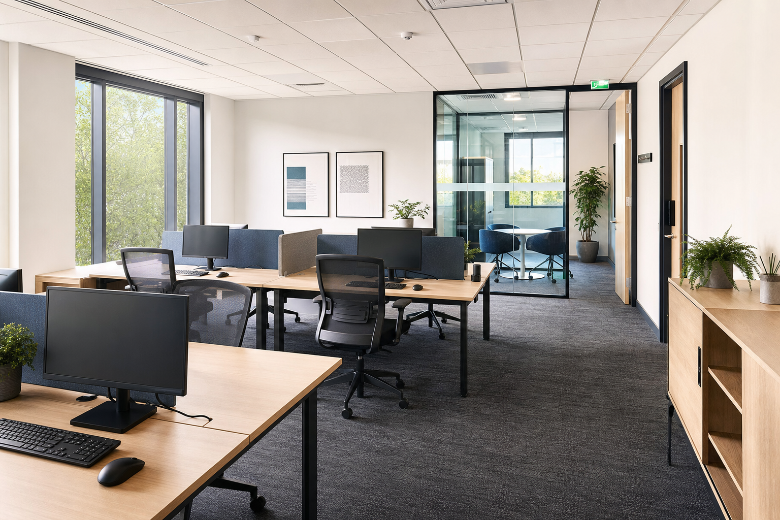 Modern office space with desks, computers, ergonomic chairs, and potted plants, featuring a glass-walled meeting room.