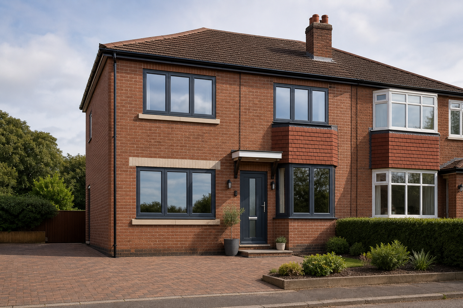 Two-storey semi-detached brick house with a tiled roof, modern windows, and potted plants on a paved driveway.