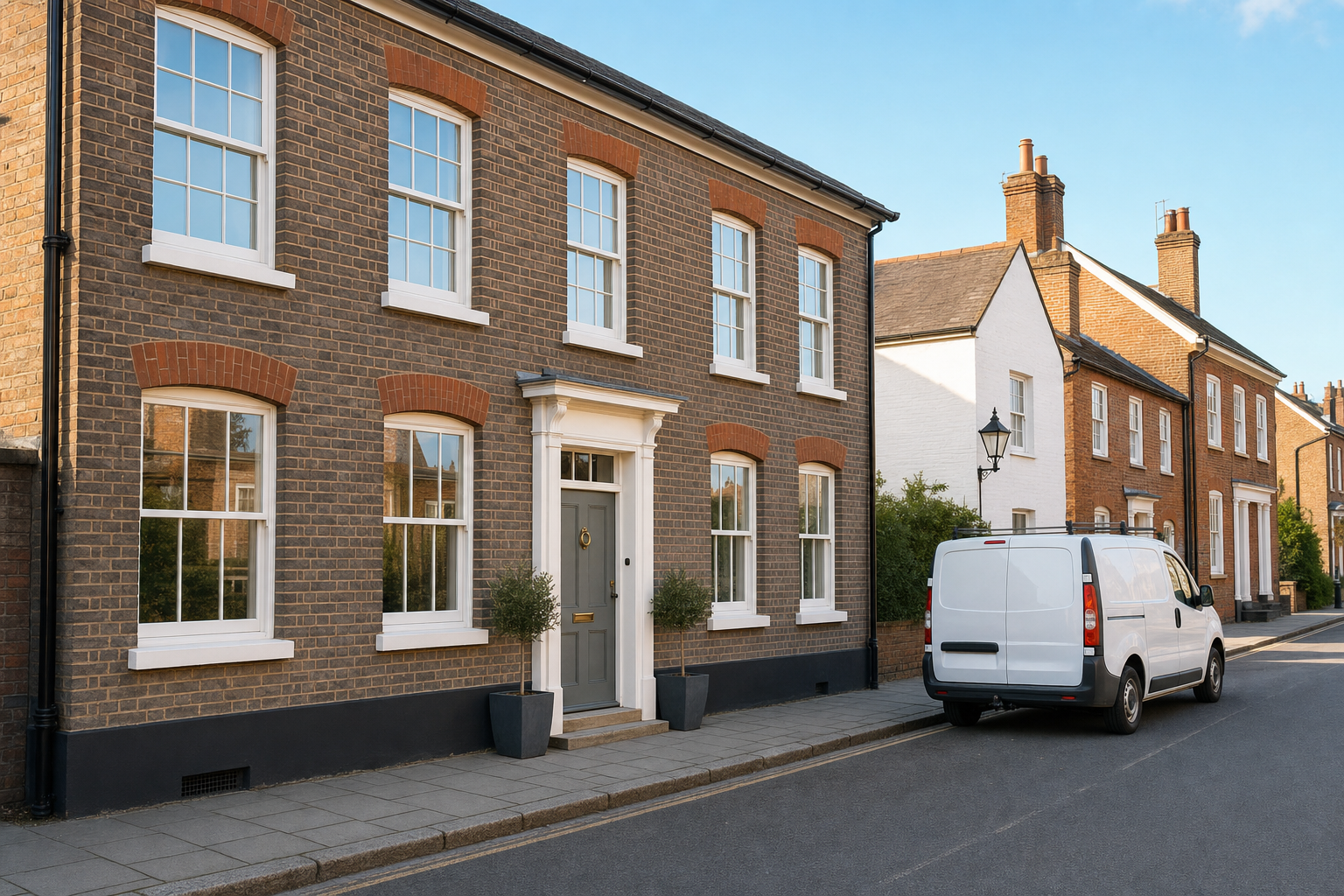 A white delivery van parked outside a traditional British brick terraced house under a clear blue sky.
