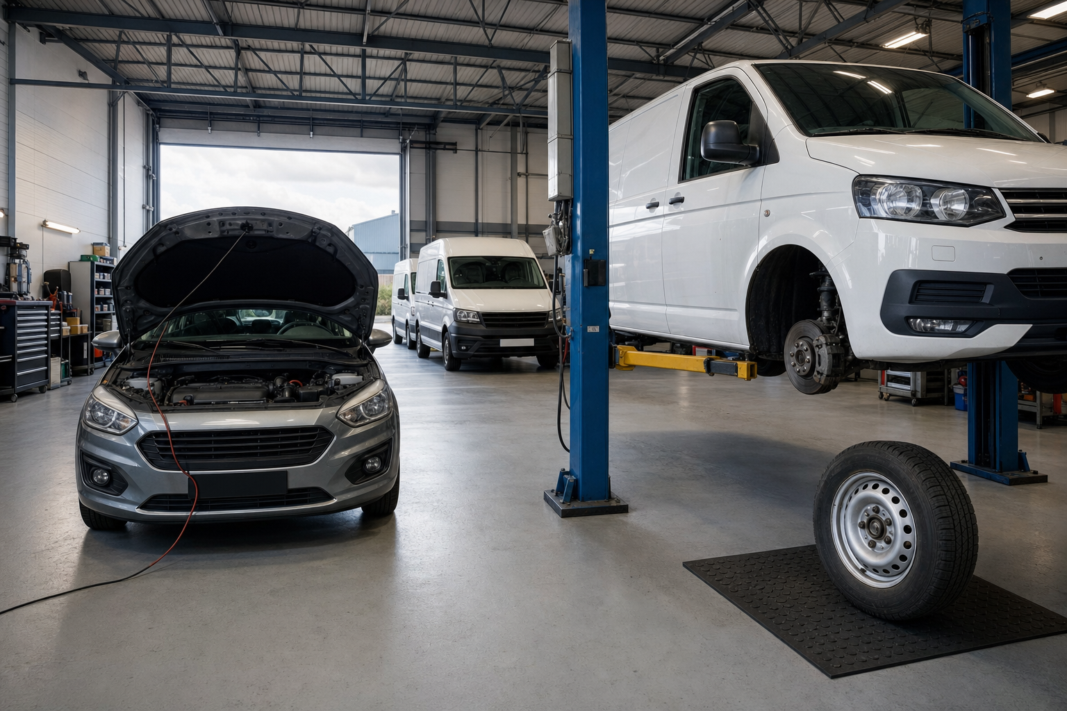 Inside a garage, a white van is on a lift and a grey car has its bonnet open with cables connected.