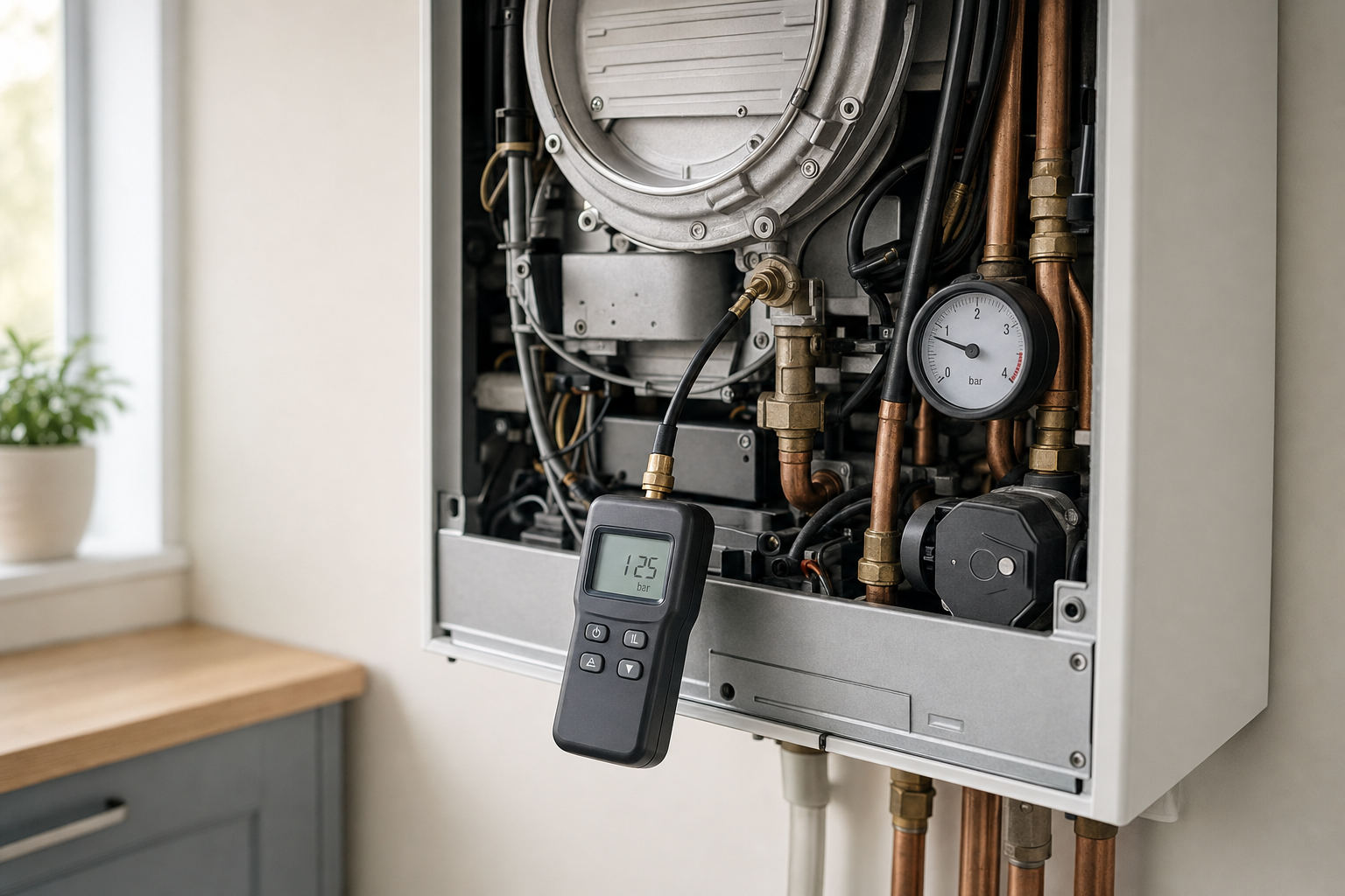 Gas boiler with exposed components displaying a digital pressure gauge reading 1.25 bar.