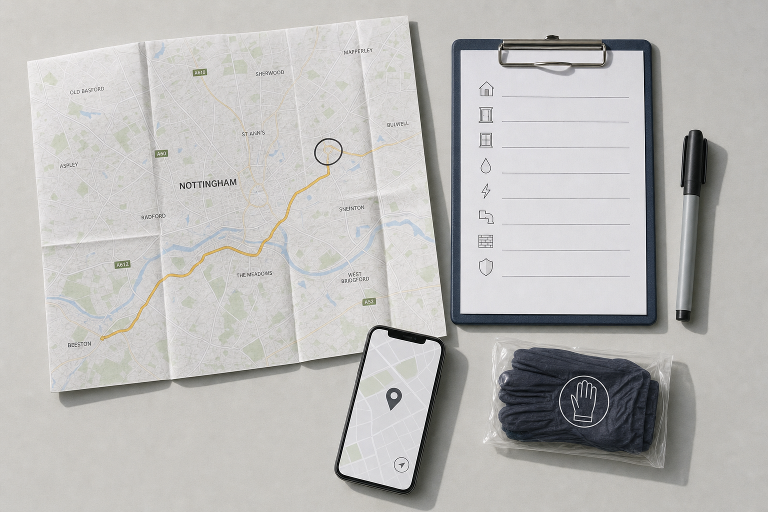 Map of Nottingham, a clipboard with icons, a phone with a location pin, a pen, and packaged gloves arranged on a table.