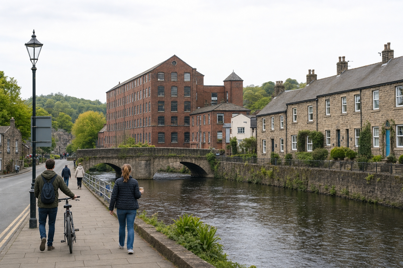 People walking alongside a scenic canal lined with historic buildings and a stone bridge.