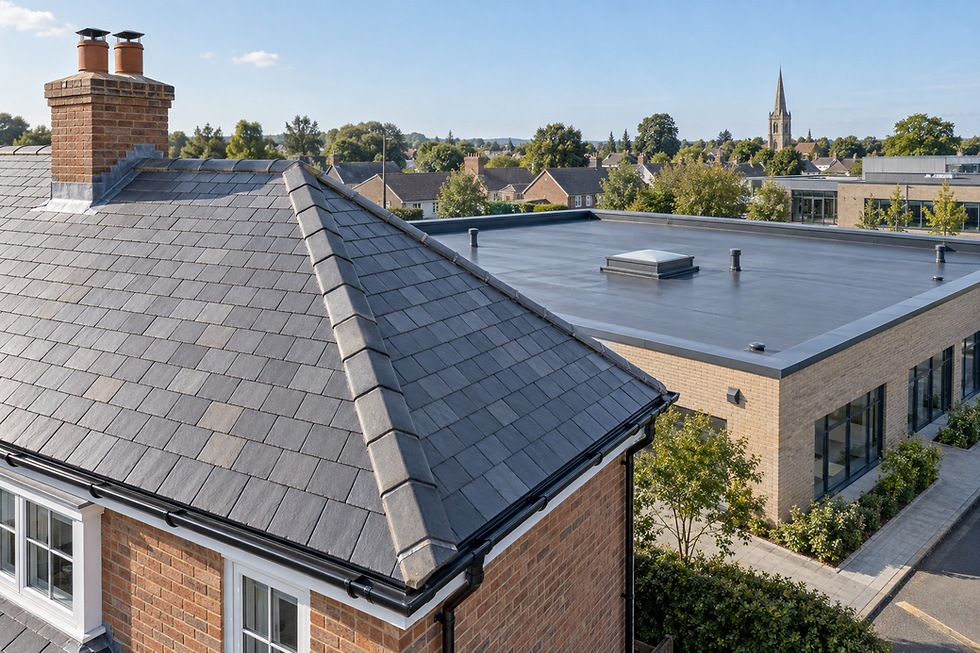 A traditional slate roof house alongside a modern building with a flat roof, set in a leafy village with a church spire