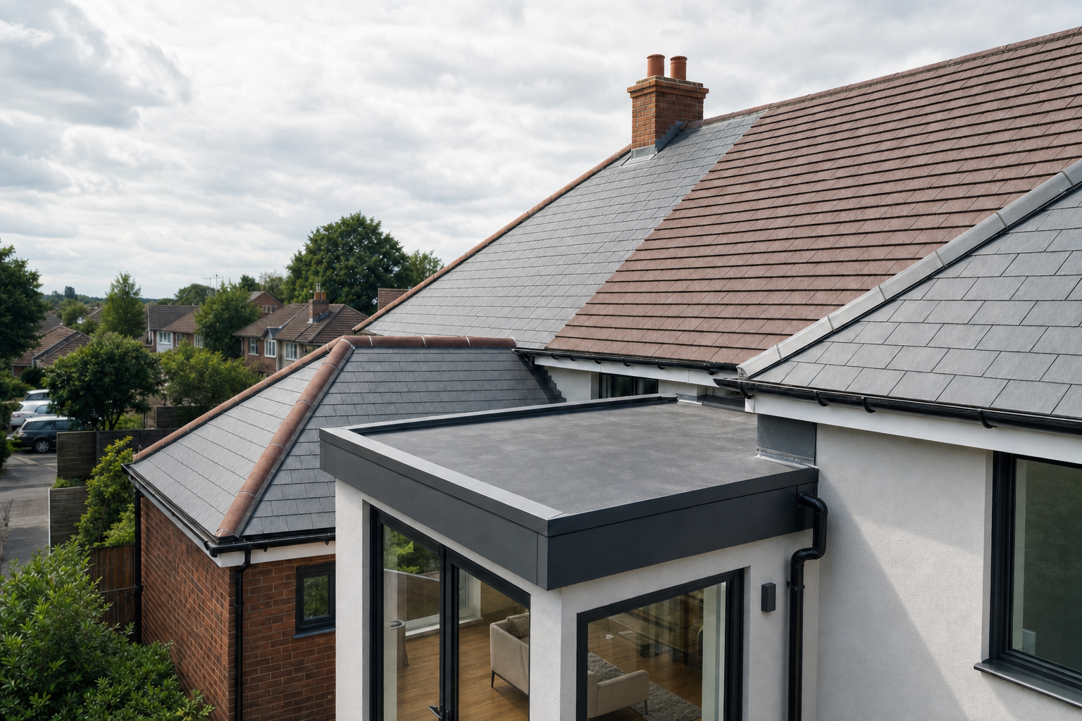 Modern flat roof extension on a traditional house with brown and grey tiled roofs.