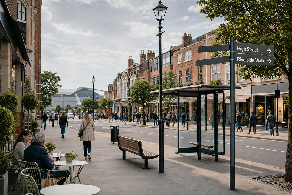 A busy high street with people walking past shops and café tables under a partly cloudy sky.