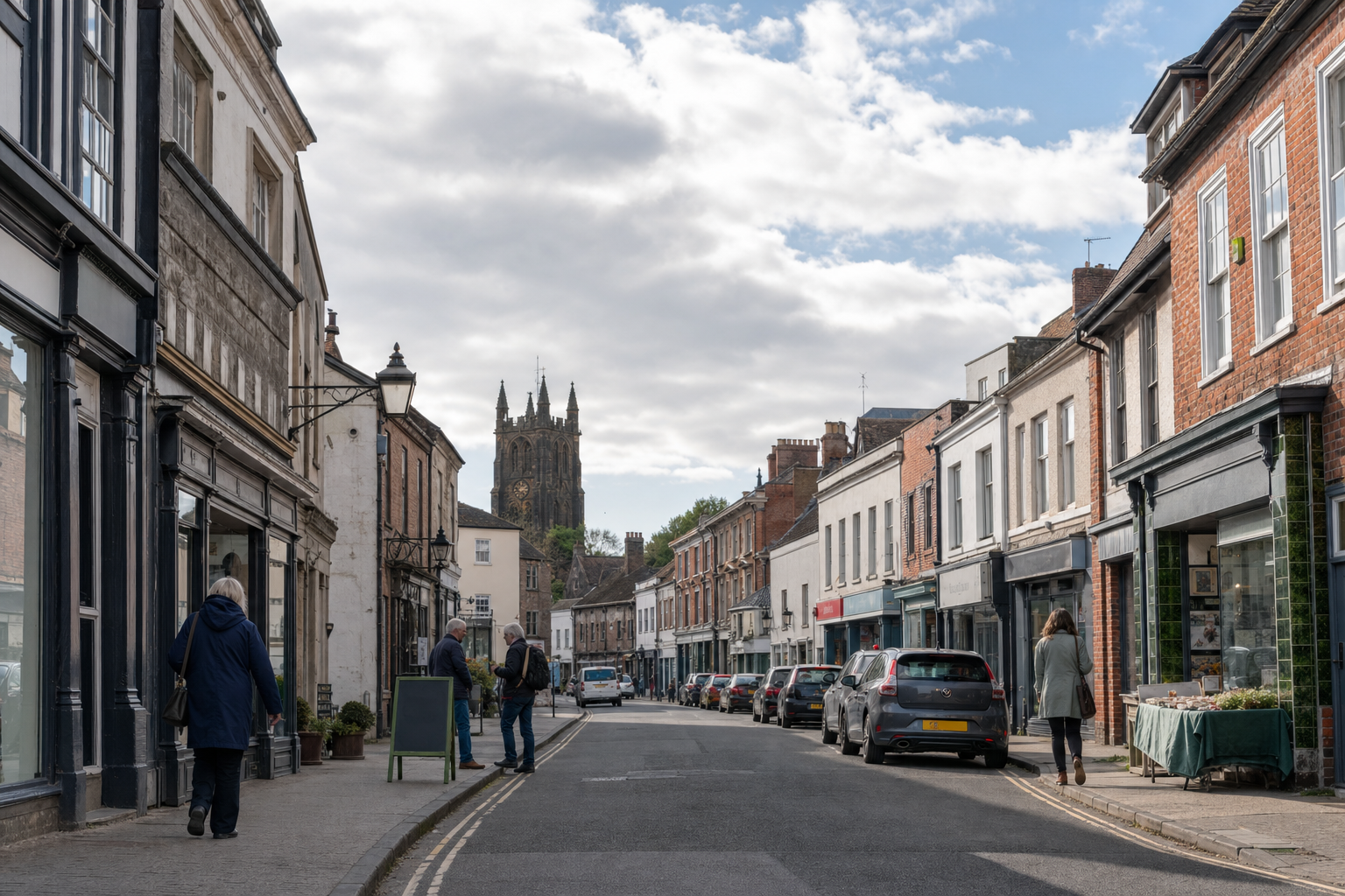 A narrow street lined with shops and a church tower in the distance under a partly cloudy sky.