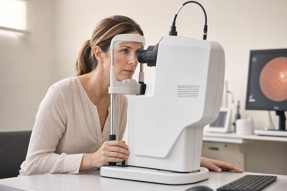 A woman undergoing an eye examination with a specialised machine in a clinic setting.