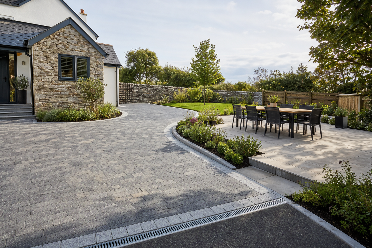 Modern home exterior with a stone facade, paved driveway, and patio with outdoor dining set.